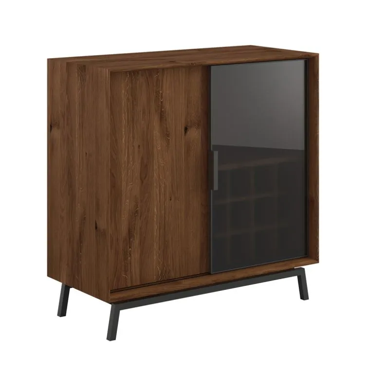Vitrine et casier à vin Salleron 09 | Chêne massif huilé | 16 compartiments | 1 porte coulissante en verre | Tabacco / Noir | 101 x 101 x 45 cm