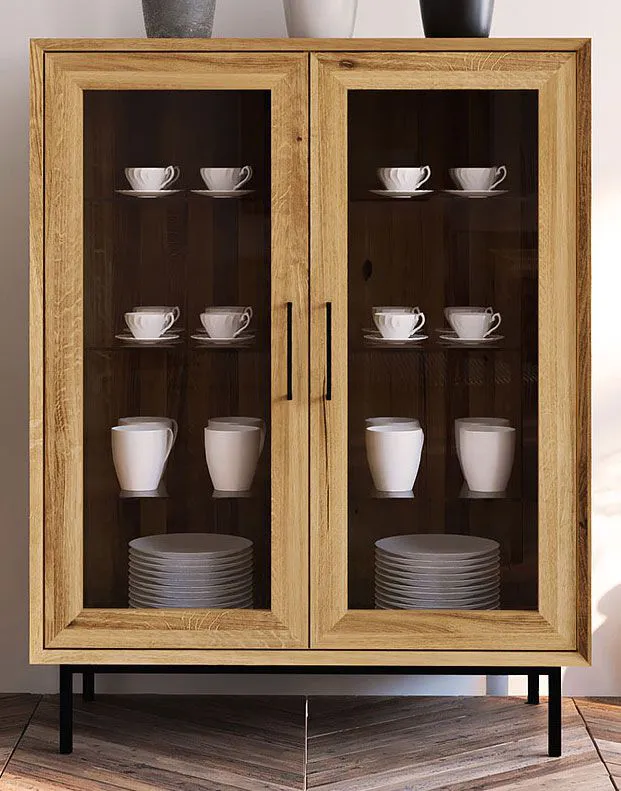 Vitrine Kumeu 52, chêne sauvage massif huilé - Dimensions : 125 x 97 x 45 cm (H x L x P)