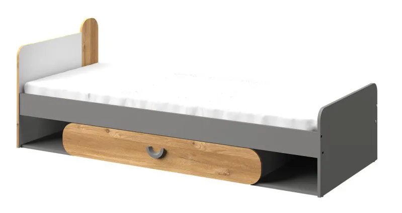 Lit enfant ou adolescent Klemens 13 | Gris / Blanc / Chêne | 80 x 195 cm | Rangement intégré