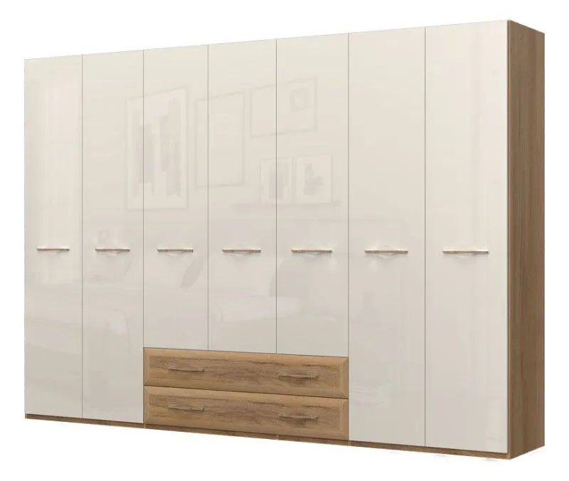 Armoire penderie Gataivai 42 | Beige brillant & Noyer | 224 x 272 x 56 cm | Finitions haut de gamme
