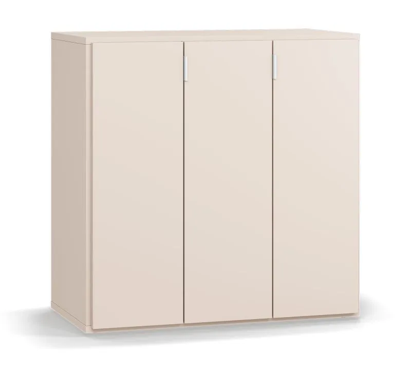 Commode beige pour salon | 3 portes, 6 compartiments | Poignées blanches | Soft-close | 90 x 47 x 90 cm | Design sobre
