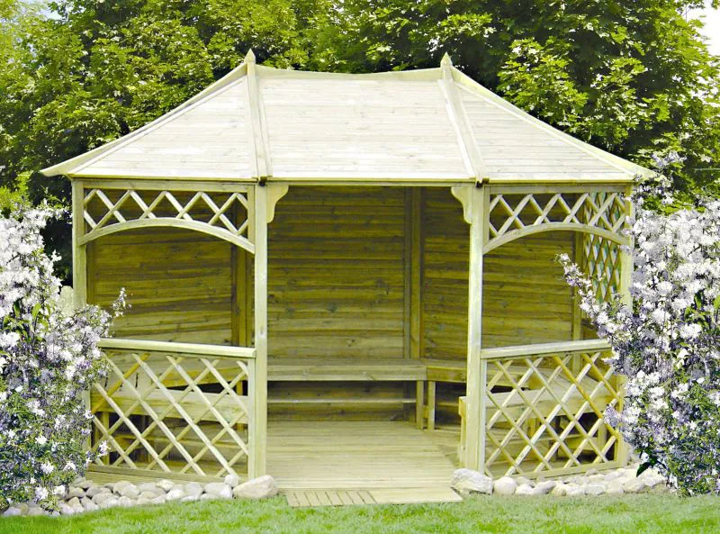 Grand pavillon Craspedia 02 en bois de pin, toiture en bois massif, imprégné sous pression en autoclave, surface au sol de 9 m², comprenant le plancher et 7 bancs, toit en forme de tente