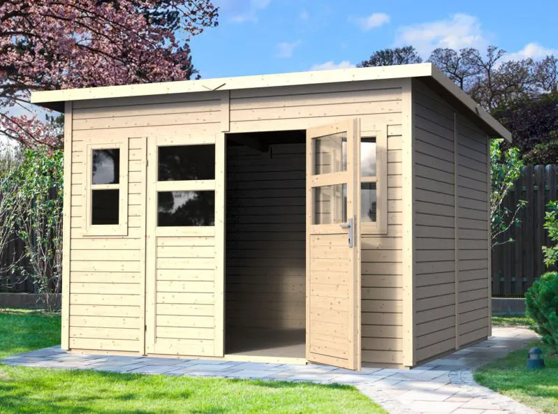 Abri de jardin Freiberg 04 avec plancher, naturel - en éléments de 19 mm, surface au sol : 7,15 m², toit à une pente