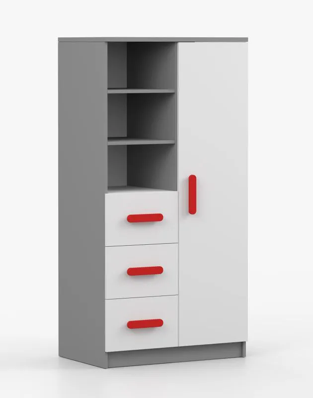 Bibliothèque enfant Smolikas 37 | 159 x 80 x 40 cm | Blanc/Gris | 3 tiroirs | 7 compartiments | Poignées rouges