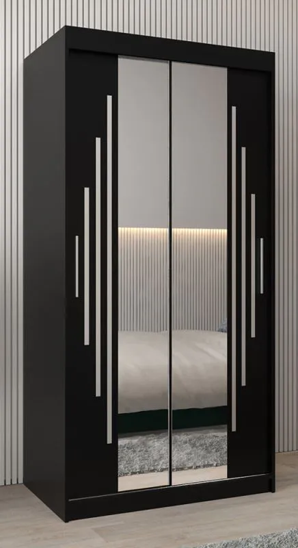 Armoire à portes coulissantes / Penderie avec miroir Tomlis 01A, Couleur : Noir - Dimensions : 200 x 100 x 62 cm (h x l x p)