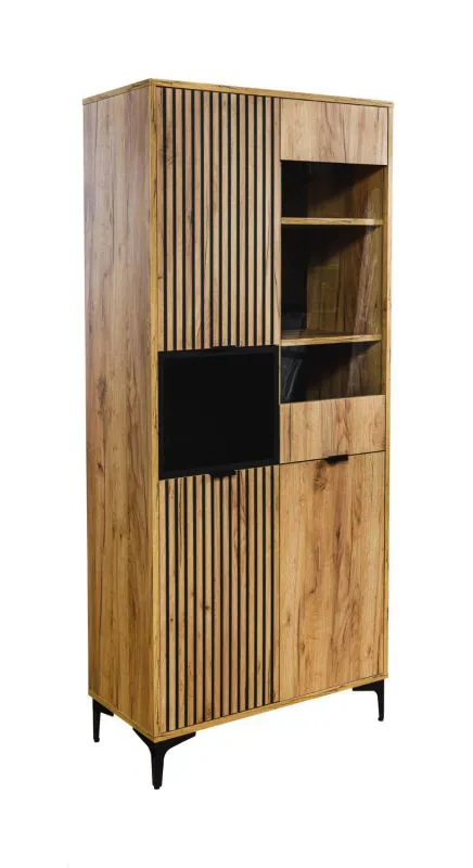 Grande vitrine deux portes rainurées | Chêne Craft Or & Noir | 190 x 86 x 40,5 cm | Poignées et pieds métal