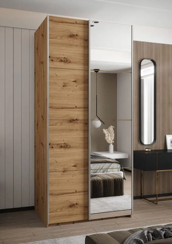 Penderie / Armoire à portes coulissantes / Couleur : Chêne Artisan / 6 compartiments / 2 tringles à vêtements / 245,5 x 100 x 64 cm / Miroir / 2 portes coulissantes / Soft-Close