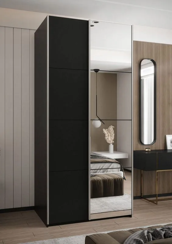 Penderie / Armoire à portes coulissantes / 245,5 x 110 x 64 cm / 6 compartiments / 2 portes coulissantes / 2 tringles à vêtements / Miroir / Couleur : Noir / Soft-Close