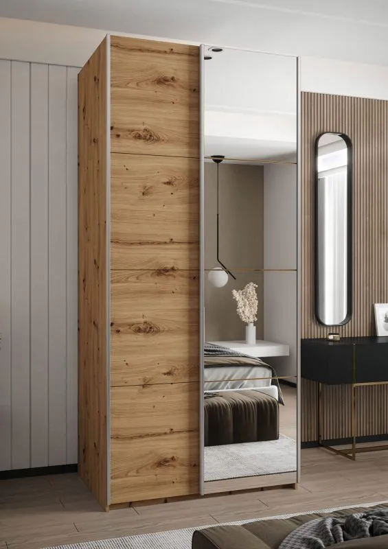 Penderie / Armoire à portes coulissantes / Couleur : Chêne Artisan / Soft-Close / Miroir / 2 tringles à vêtements / 6 compartiments / 2 portes coulissantes / 245,5 x 120 x 64 cm
