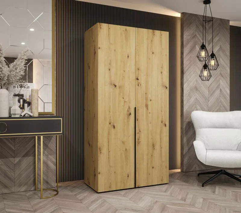Armoire penderie Eiger 01 | Portes battantes avec fermeture douce | Chêne Artisan | 100 cm | Poignées noires