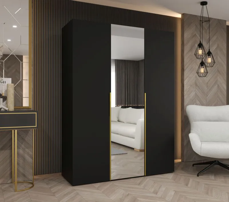 Armoire penderie Eiger 74 noire | 1,5 m de large | 1 porte miroir | Poignées dorées | Soft-Close