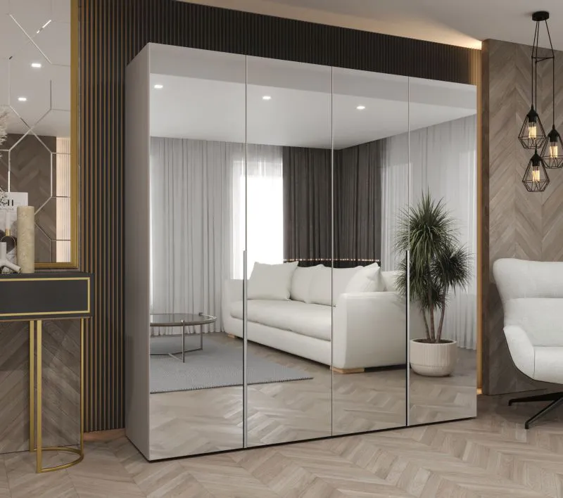 Armoire penderie 2 m Eiger 142 | 4 portes miroir | Finition cachemire | Poignées assorties | Soft-Close