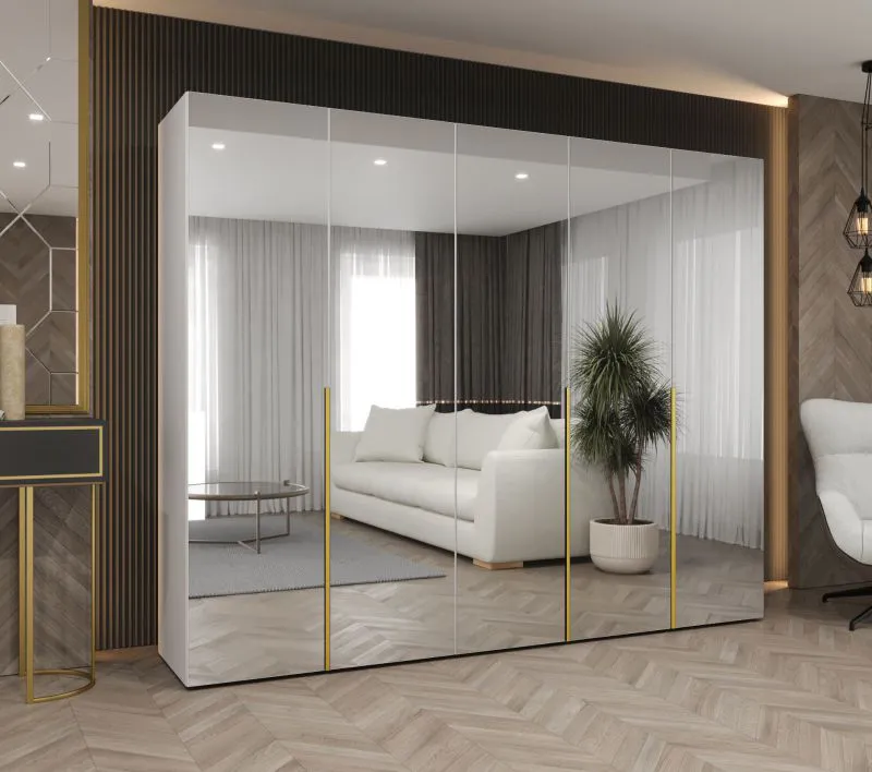 Armoire penderie 2,5 m Eiger 148 | Blanc élégant | 3 compartiments | Portes battantes | Poignées dorées | Soft-Close