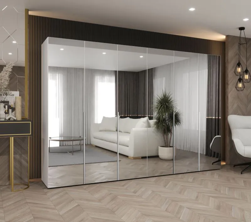 Armoire blanche à portes battantes miroir | 6 portes, 4 tringles | Fonction soft-close | Largeur 3 m | Poignées cachemire