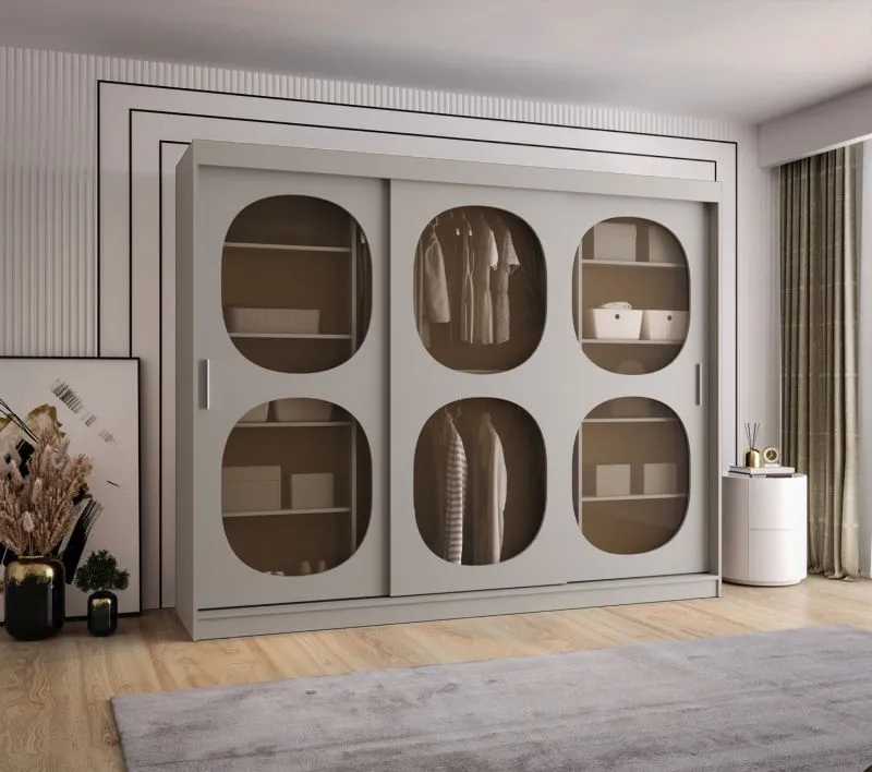 Armoire à portes coulissantes Ortler 08 | Finition cachemire | 250 cm | 2 portes coulissantes en verre fumé | 10 compartiments