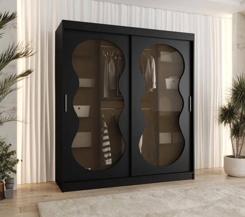 Armoire penderie Ortler 11 noir | 1,8 m de large | 2 portes coulissantes avec verre fumé | 10 compartiments | 2 tringles