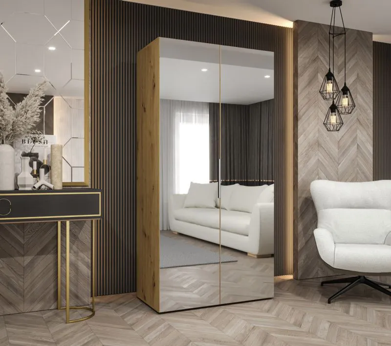 Armoire penderie Korab 112 | Espace optimisé 1 m | Chêne naturel | 2 portes miroir | Soft-Close | Poignées couleur cachemire