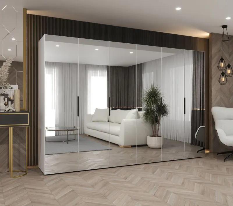 Armoire penderie 3 m Korab 157 | Blanc | 6 portes miroir | 4 tringles | Poignées noires | Soft-Close