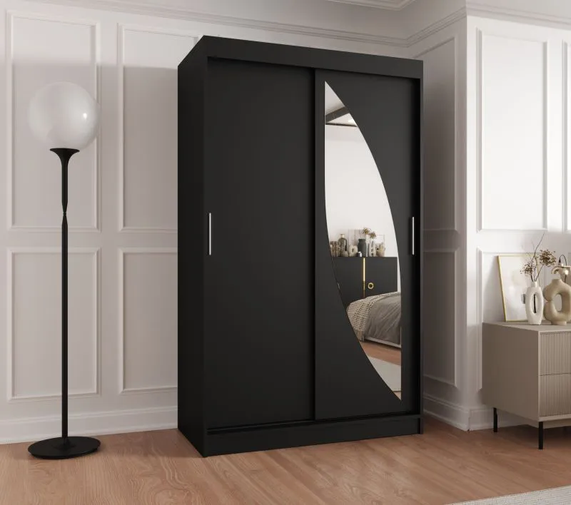 Penderie portes coulissantes noire Jorasses 07 | 1,2 m largeur | 5 casiers | miroir | 2 tringles | rails aluminium