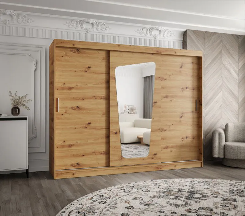 Armoire penderie portes coulissantes miroir | Chêne Artisan | 2,5 m de large | 10 compartiments | Rails aluminium