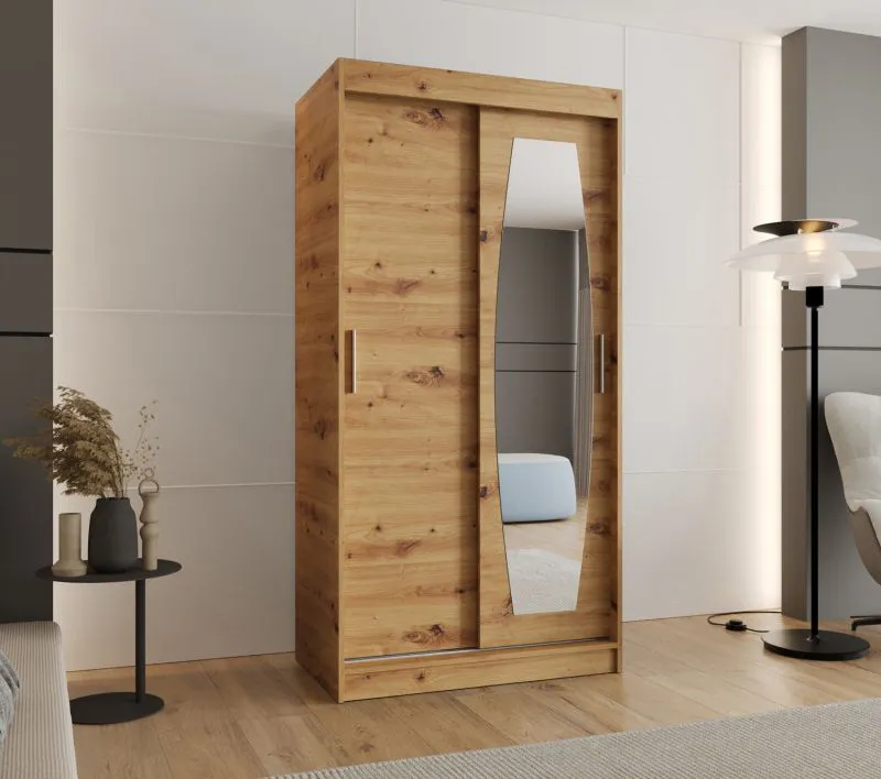 Armoire coulissante Musala 01 | Porte miroir | Chêne Artisan | 1 m | 5 casiers | 2 tringles | Aluminium