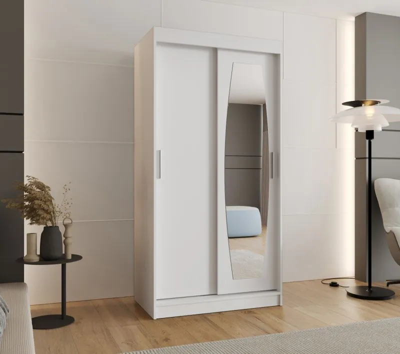 Armoire penderie Musala 02 avec porte miroir | Blanc | 100 cm de large | 5 compartiments | 2 tringles | Portes coulissantes