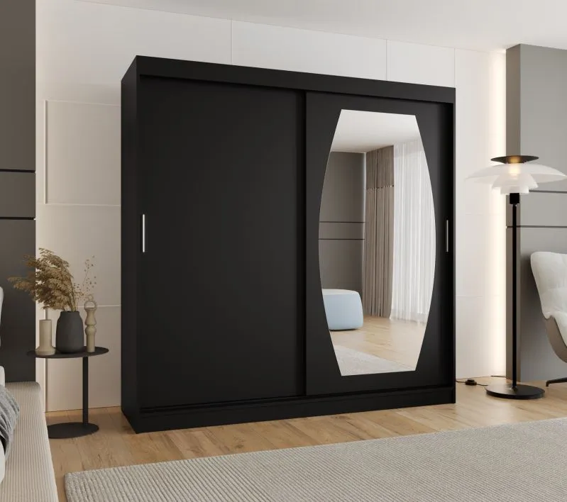 Armoire à portes coulissantes Musala 19 noir | 2 m large | miroir intégré | 2 tringles | 10 compartiments