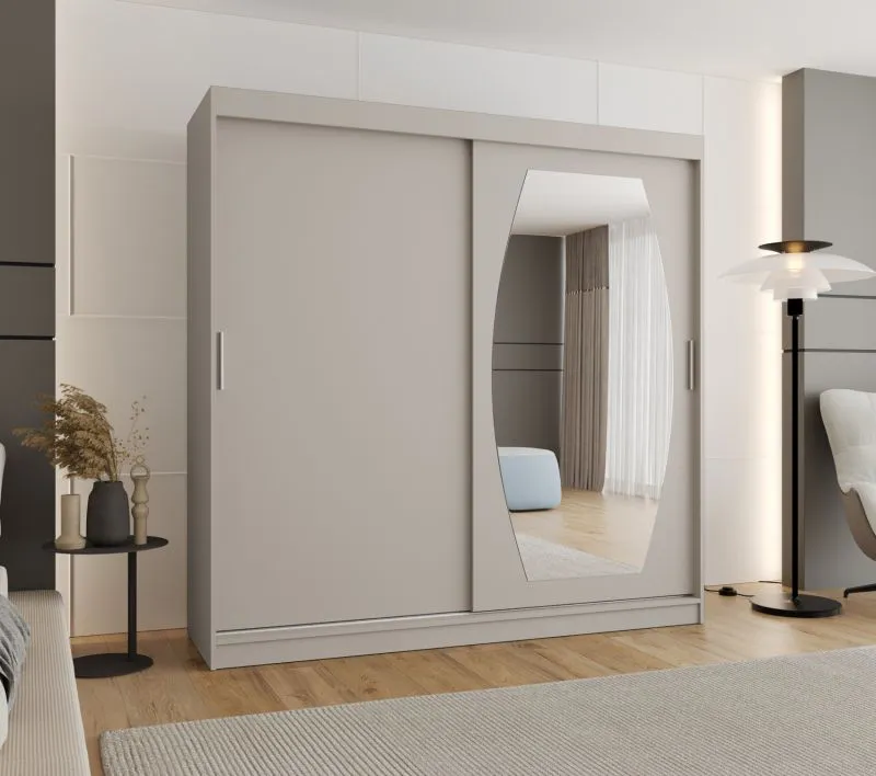 Armoire coulissante Musala 20 cachemire | 2 m de large | miroir intégré | 10 compartiments | rails aluminium