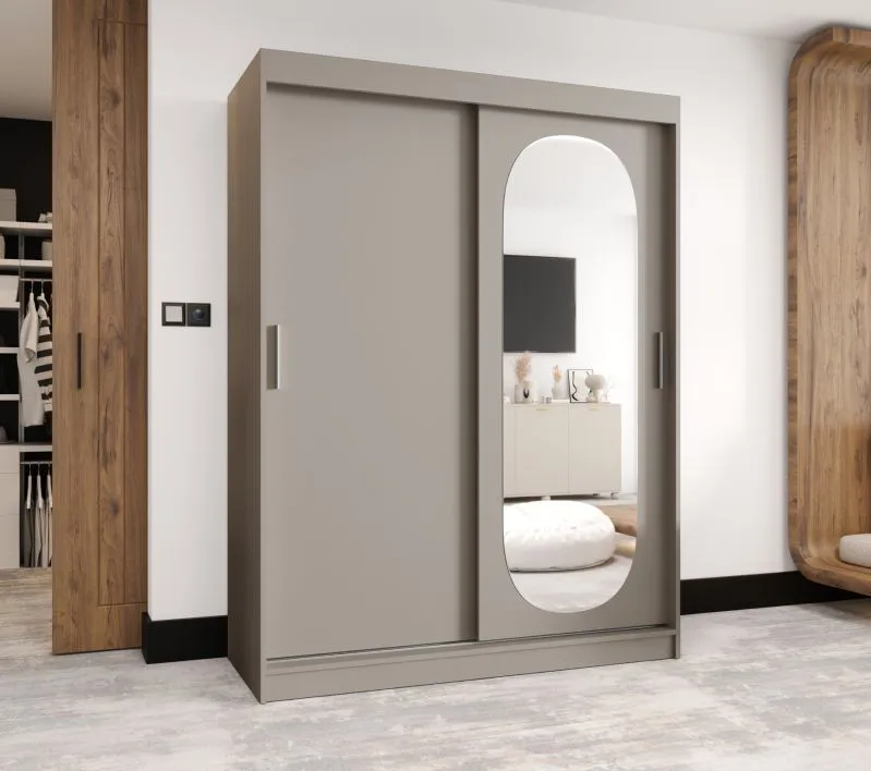 Armoire penderie Moldoveanu 12 | Portes coulissantes miroir ovale | Kaschmir | 150 cm | 5 compartiments