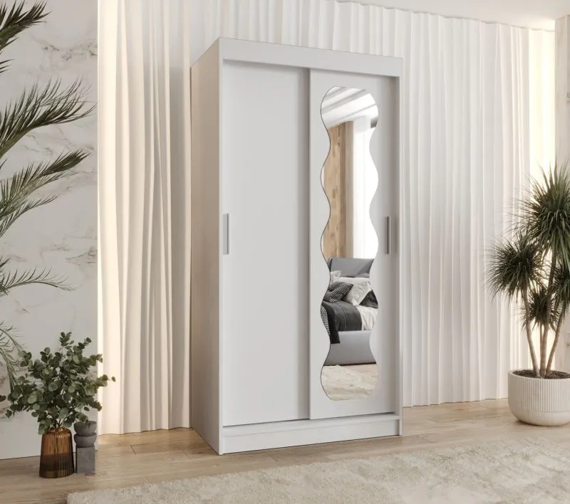 Armoire 5 casiers Bernina 02 | Blanc élégant | 1 mètre de large | Porte miroir | Rails aluminium | Portes coulissantes