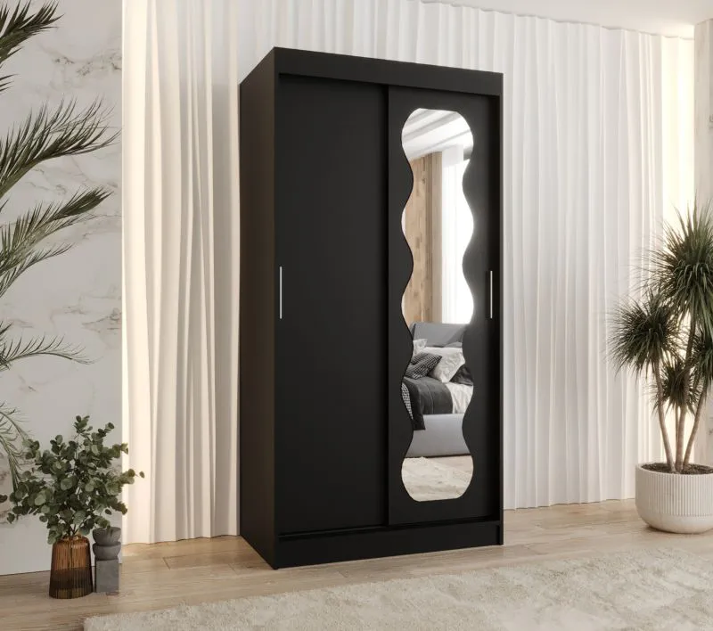Armoire penderie portes coulissantes noir | 1 mètre | Miroir | 5 casiers | 2 tringles | Rails aluminium