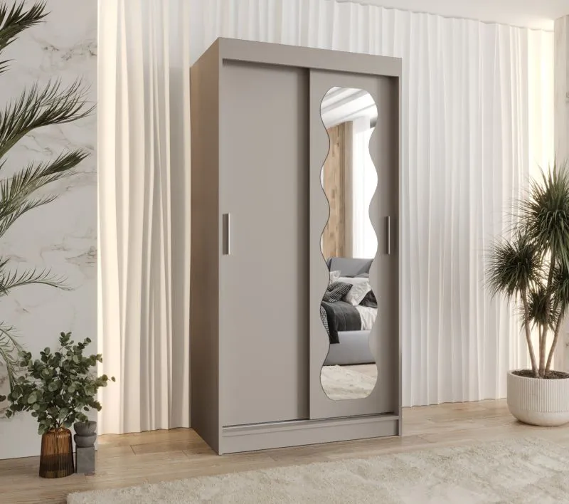 Armoire à portes coulissantes Bernina 04 | Cachemire | 1 mètre | Miroir intégré | 2 tringles | 5 casiers