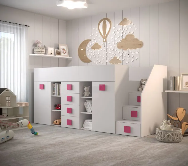 Lit enfant multifonction Jura 76 | Escalier droit | 12 compartiments | Bureau intégré | 90 x 200 cm | Blanc & rose
