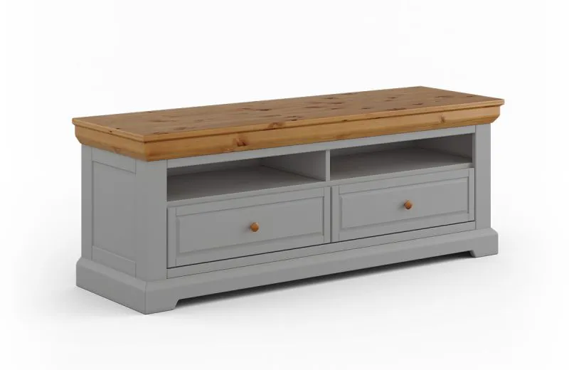 Meuble TV Gimone 07 gris | 2 tiroirs | 2 niches | Pin finlandais massif | 58 x 155 x 48 cm | Soft-Close
