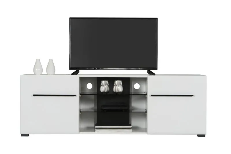 Meuble TV Idos 01 avec 2 portes | Blanc/Blanc Brillant/Noir | 5 compartiments | Verre Parsol | 49,5 x 150 x 41,5 cm