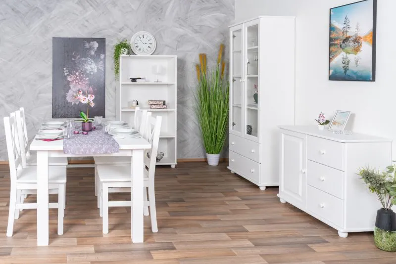 Salle à manger complète blanche 8 pièces | Style rustique | Pin massif | Table, chaises, vitrine, commode, étagère