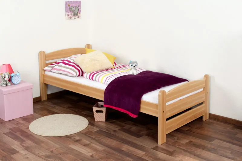 Lit enfant/adolescent en bois de hêtre massif naturel 118 | 80 x 200 cm | Sommier inclus | Design moderne