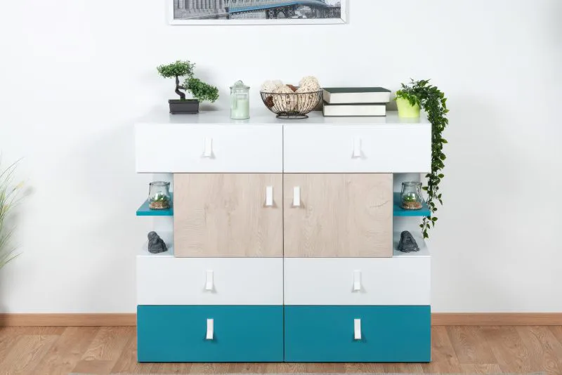 Commode Aalst 22 chambre ado | Chêne, blanc, bleu | 90 x 110 x 40 cm | 6 tiroirs, 2 portes