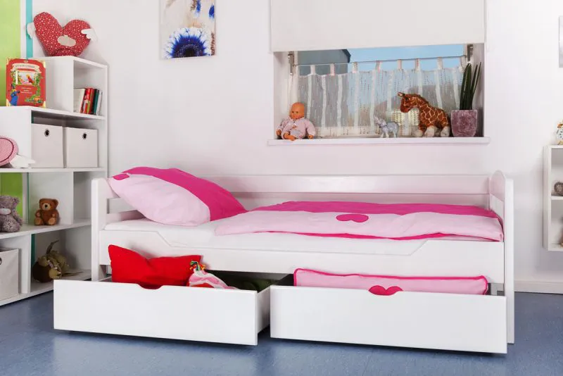 Lit pour enfant 90 x 200 cm |incl. espace de rangement / 2 tiroirs | Bois massif: Hêtre | Laqué Blanc | incl. Sommier à lattes Abbildung