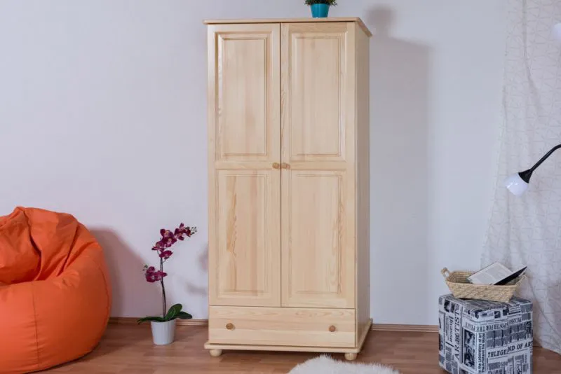 Armoire | 2 portes battantes | 1 tiroir | 4 casiers | avec tringle à vêtements | 92 cm de large | Bois massif | Couleur: Naturel Abbildung