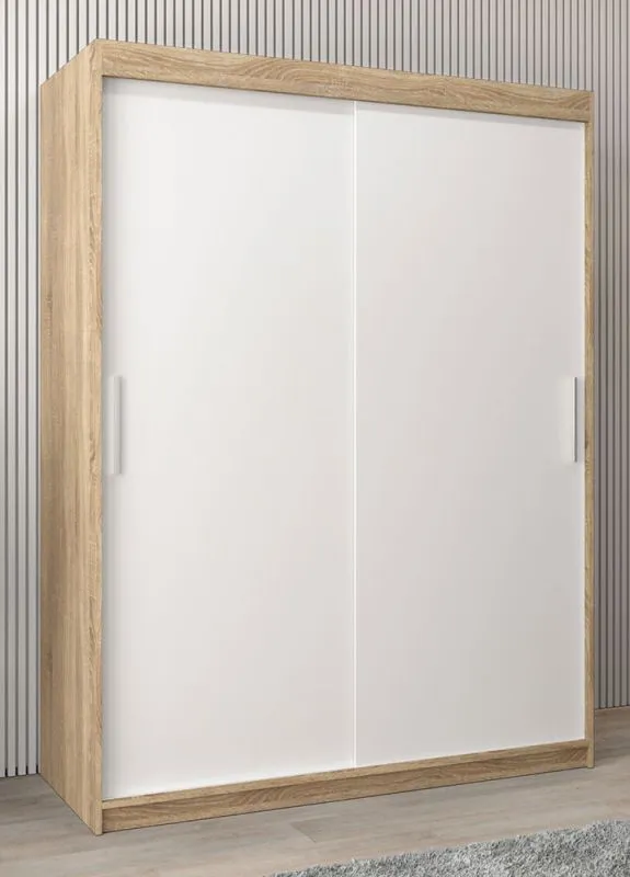 Armoire à portes coulissantes / Penderie Bisaurin 3A, Couleur : Chêne de Sonoma / Blanc mat - Dimensions : 200 x 150 x 62 cm ( H x L x P)