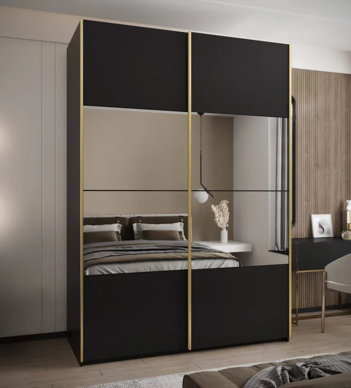 Penderie / Armoire à portes coulissantes / Couleur : Noir / Soft-Close / 2 portes coulissantes / 2 tringles à vêtements / 11 compartiments / 245,5 x 180 x 64 cm / Miroir