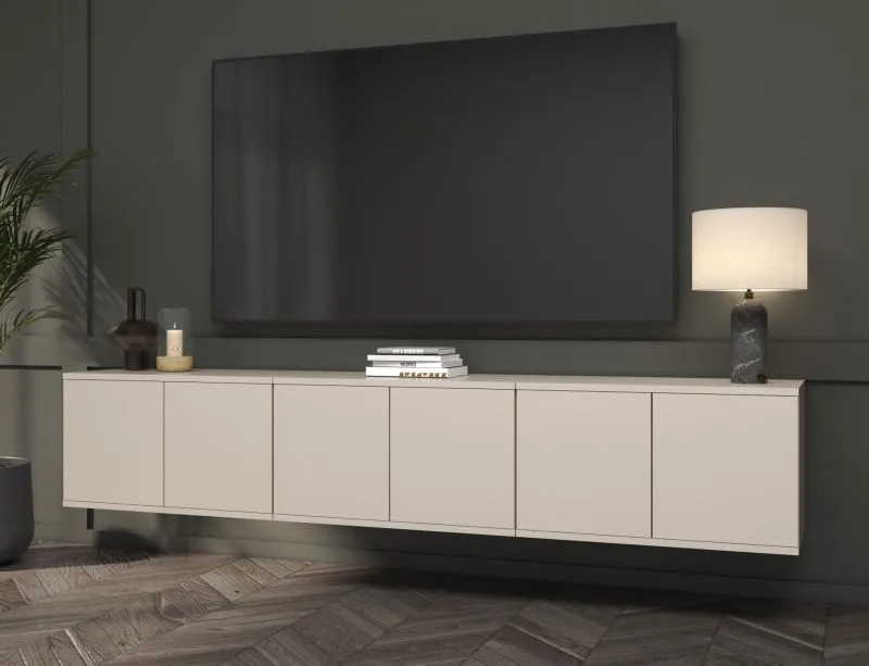 Meuble bas TV / Cachemire / Fonction Push-to-open / 6 portes / 12 compartiments / 210 x 40 x 40 cm / Peut être monté en suspension ou debout / Tableau TV