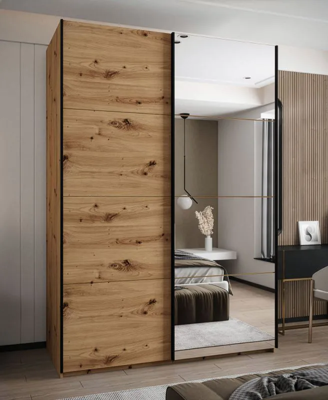 Penderie / Armoire à portes coulissantes / 11 compartiments / Miroir / 2 tringles à vêtements / 245,5 x 170 x 64 cm / 2 portes coulissantes / Soft-Close / Couleur : Chêne Artisan