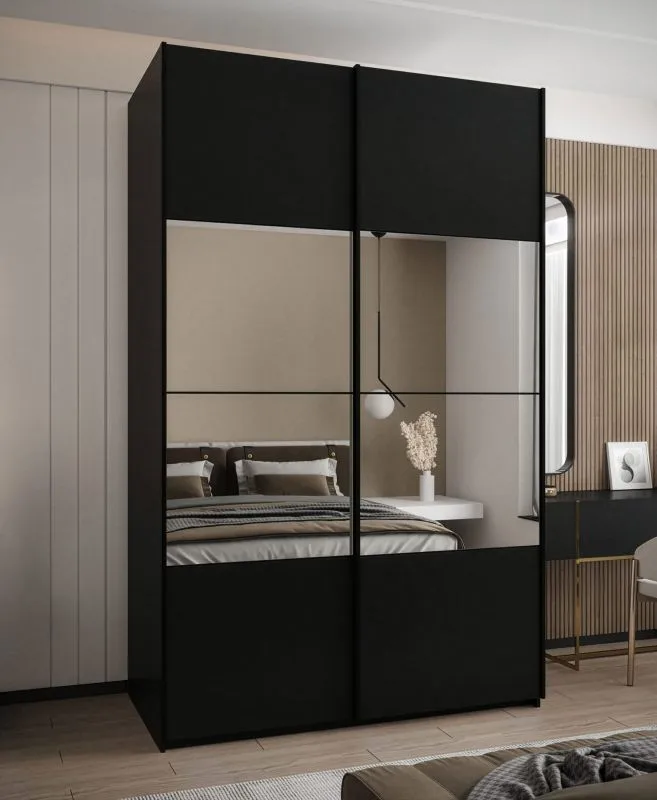 Penderie / Armoire à portes coulissantes / Couleur : Noir / 245,5 x 160 x 64 cm / 2 portes coulissantes / 2 tringles à vêtements / 11 compartiments / Soft-Close / Miroir