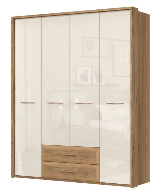 Armoire penderie à portes battantes Gataivai 46 | Beige brillant & Noyer | 224 x 182 x 56 cm | Rangement spacieux
