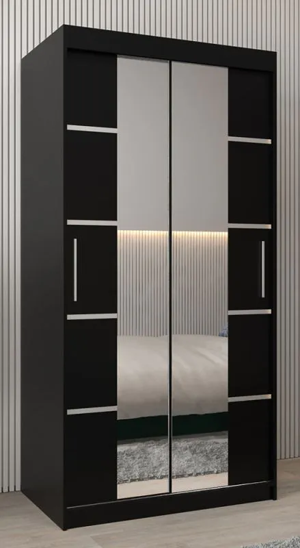 Armoire à portes coulissantes Jan 01D avec miroir | Noir | 200 x 100 x 62 cm | Design moderne