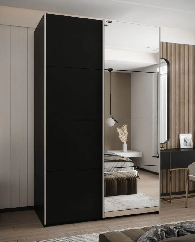 Penderie / Armoire à portes coulissantes / Couleur : Noir / 2 tringles à vêtements / 245,5 x 150 x 64 cm / Soft-Close / 2 portes coulissantes / Miroir / 6 compartiments