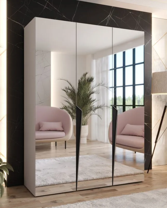 Penderie / Couleur : Cachemire / 3 portes miroir / 2 compartiments / 2 tringles à vêtements / Dimensions : 150 x 52 x 202 cm / Poignées : Noir / Fonction Soft-Close / Protection des bords ABS