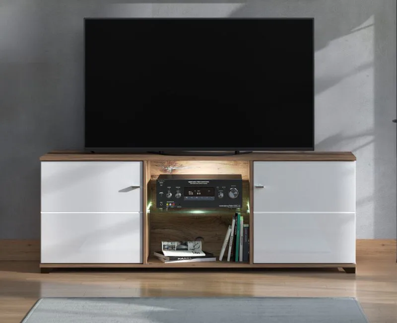 Meuble TV avec deux portes Kanjiza 02 | chêne Flagstaff & blanc brillant | 6 compartiments | 157 cm
